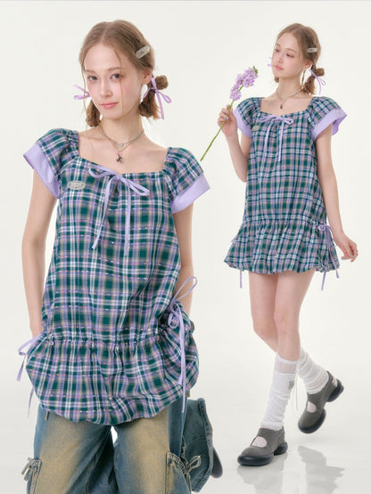 Flying Sleeves Drawstring Square Neck Waist Pocket Plaid Dress【s0000016350】