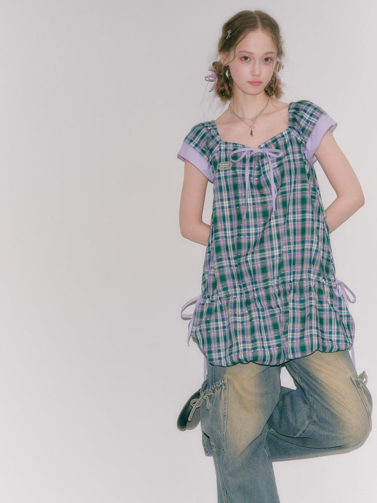 Flying Sleeves Drawstring Square Neck Waist Pocket Plaid Dress【s0000016350】
