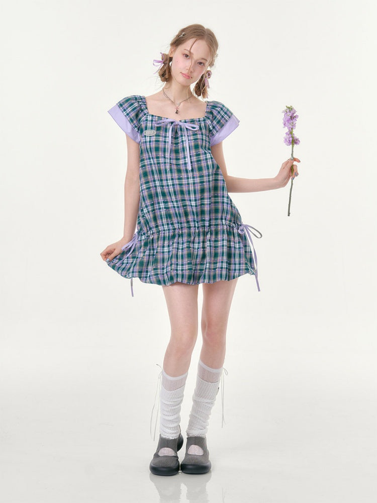 Flying Sleeves Drawstring Square Neck Waist Pocket Plaid Dress【s0000016350】