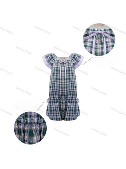 Flying Sleeves Drawstring Square Neck Waist Pocket Plaid Dress【s0000016350】