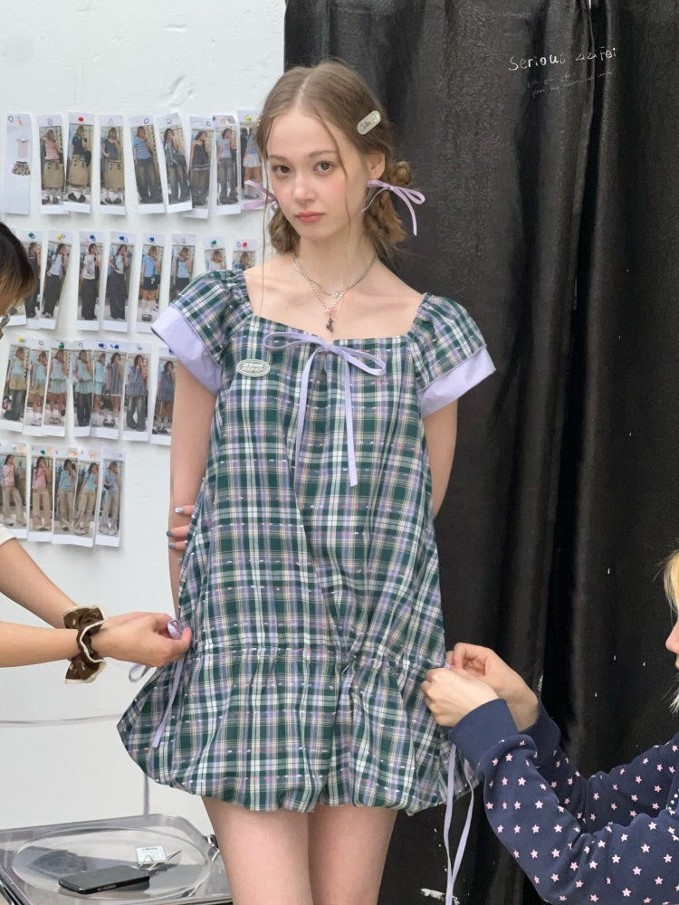 Flying Sleeves Drawstring Square Neck Waist Pocket Plaid Dress【s0000016350】