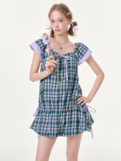 Flying Sleeves Drawstring Square Neck Waist Pocket Plaid Dress【s0000016350】