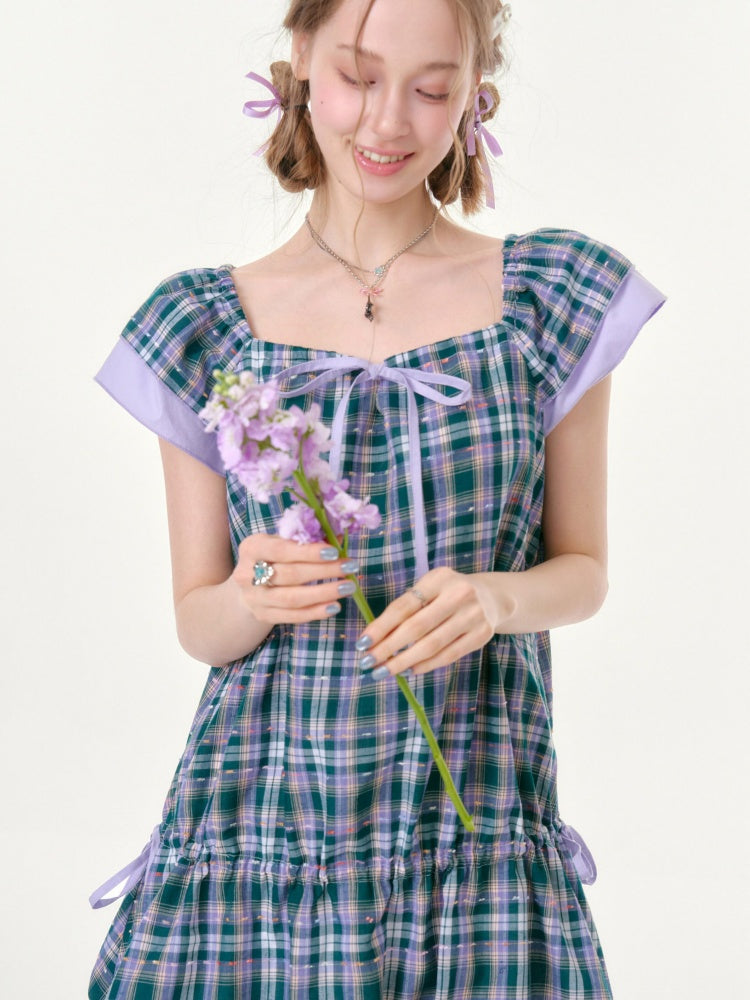 Flying Sleeves Drawstring Square Neck Waist Pocket Plaid Dress【s0000016350】
