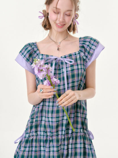 Flying Sleeves Drawstring Square Neck Waist Pocket Plaid Dress【s0000016350】