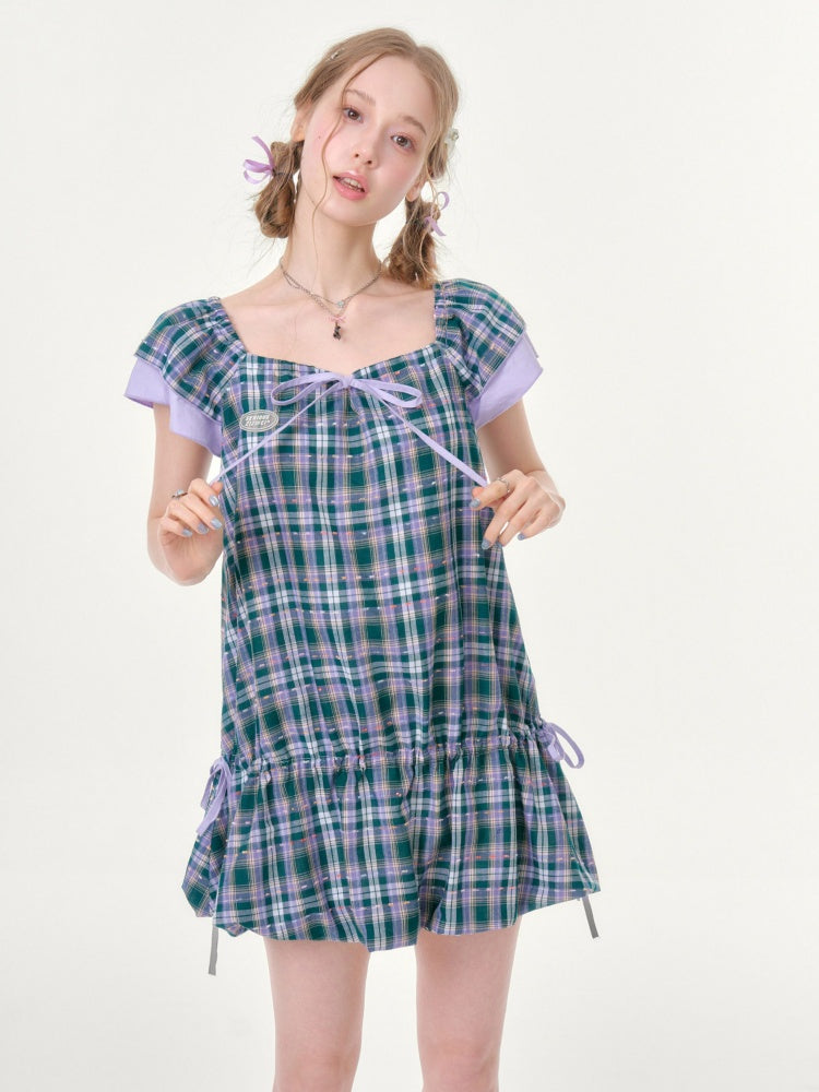 Flying Sleeves Drawstring Square Neck Waist Pocket Plaid Dress【s0000016350】