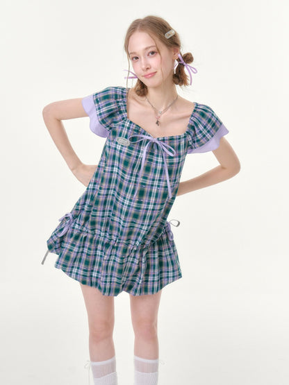 Flying Sleeves Drawstring Square Neck Waist Pocket Plaid Dress【s0000016350】
