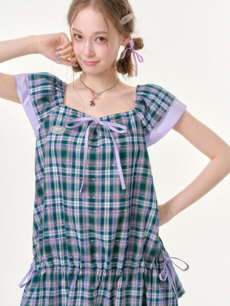 Flying Sleeves Drawstring Square Neck Waist Pocket Plaid Dress【s0000016350】