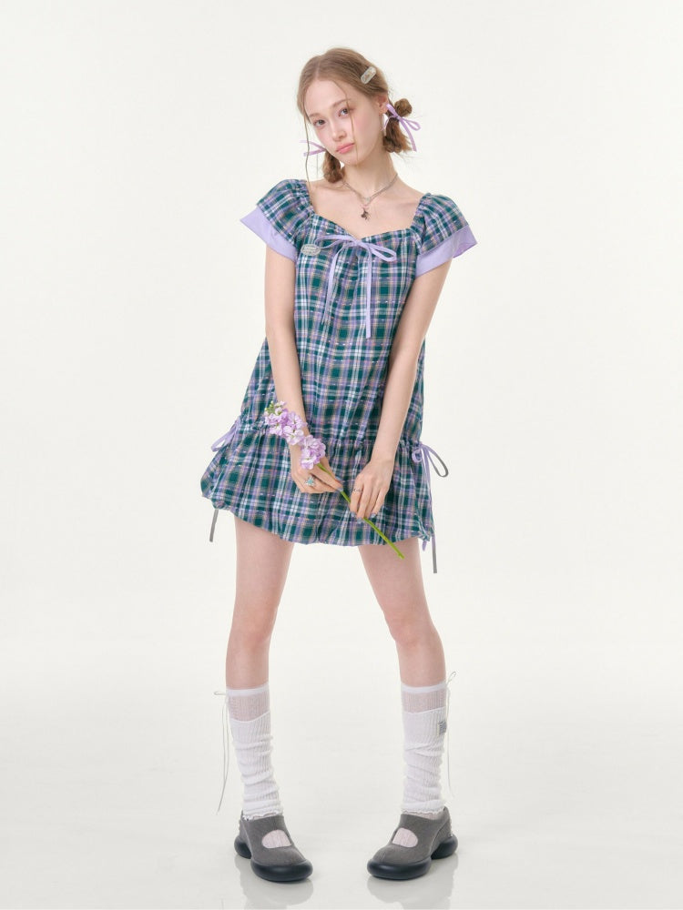 Flying Sleeves Drawstring Square Neck Waist Pocket Plaid Dress【s0000016350】