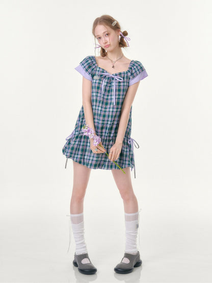 Flying Sleeves Drawstring Square Neck Waist Pocket Plaid Dress【s0000016350】