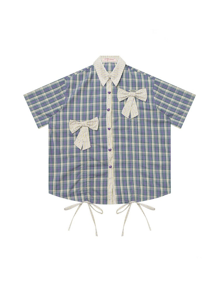 Plaid Bow Drawstring Retro Short-Sleeved Shirt【s0000016351】