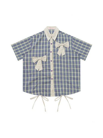 Plaid Bow Drawstring Retro Short-Sleeved Shirt【s0000016351】