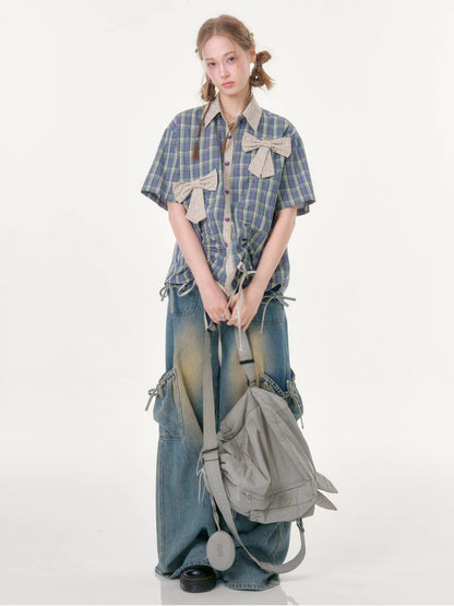 Plaid Bow Drawstring Retro Short-Sleeved Shirt【s0000016351】