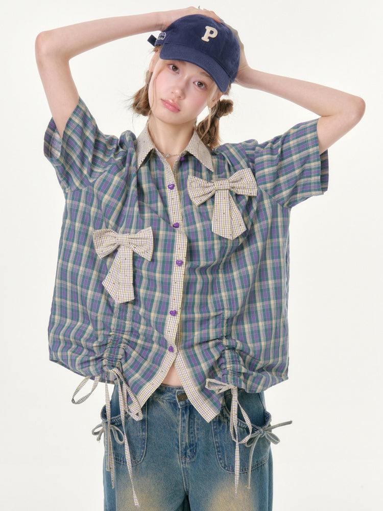 Plaid Bow Drawstring Retro Short-Sleeved Shirt【s0000016351】