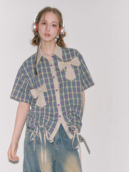 Plaid Bow Drawstring Retro Short-Sleeved Shirt【s0000016351】