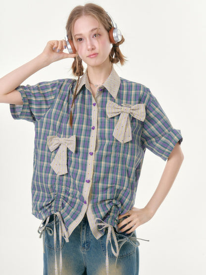 Plaid Bow Drawstring Retro Short-Sleeved Shirt【s0000016351】