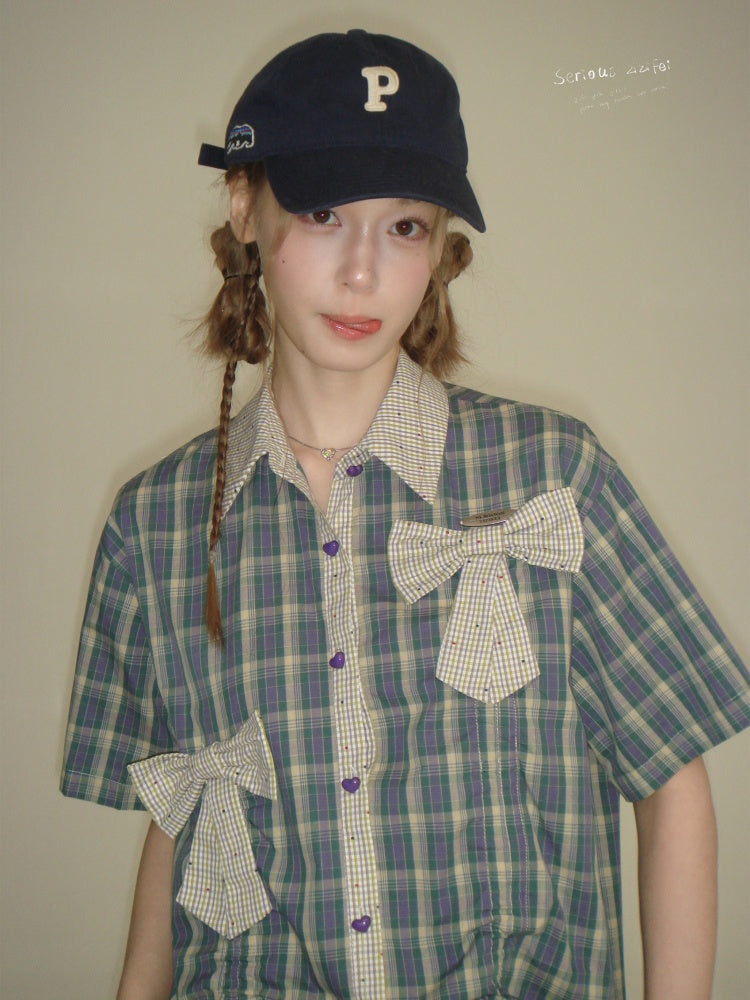 Plaid Bow Drawstring Retro Short-Sleeved Shirt【s0000016351】