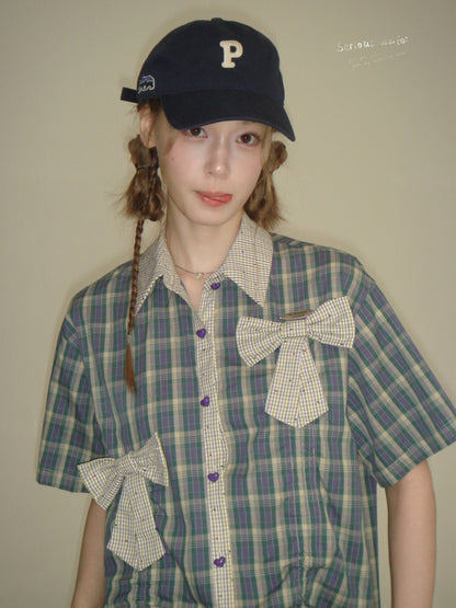 Plaid Bow Drawstring Retro Short-Sleeved Shirt【s0000016351】