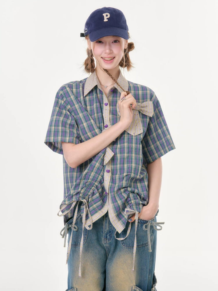 Plaid Bow Drawstring Retro Short-Sleeved Shirt【s0000016351】