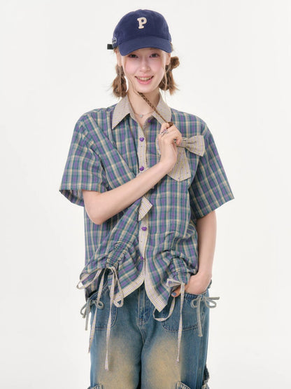 Plaid Bow Drawstring Retro Short-Sleeved Shirt【s0000016351】