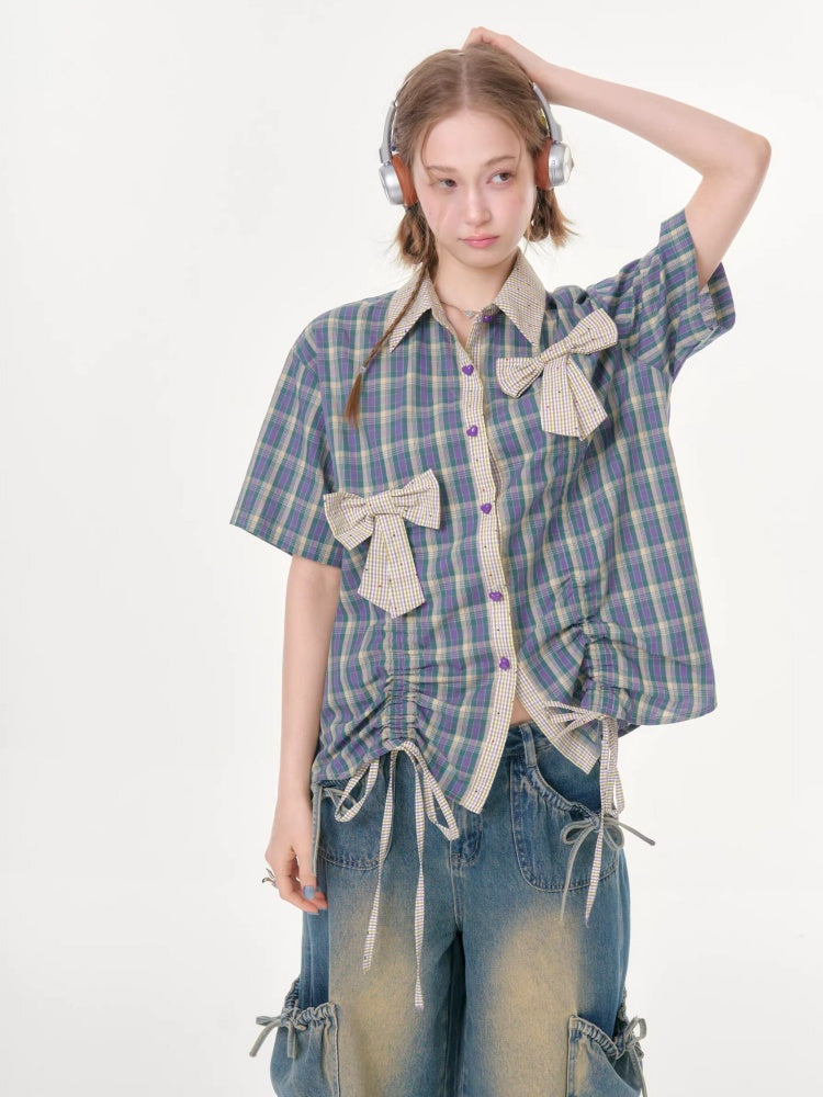 Plaid Bow Drawstring Retro Short-Sleeved Shirt【s0000016351】