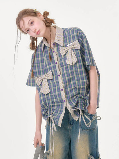 Plaid Bow Drawstring Retro Short-Sleeved Shirt【s0000016351】