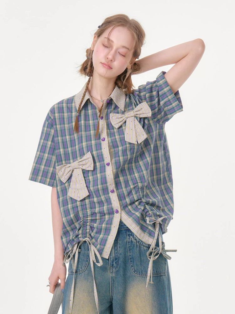 Plaid Bow Drawstring Retro Short-Sleeved Shirt【s0000016351】