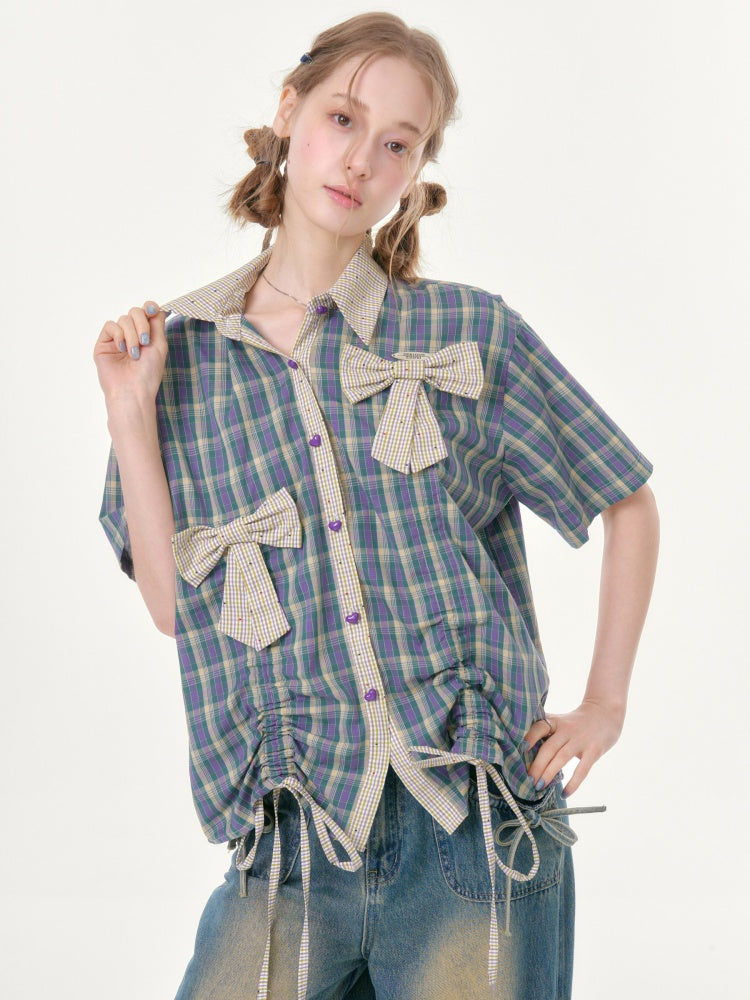 Plaid Bow Drawstring Retro Short-Sleeved Shirt【s0000016351】