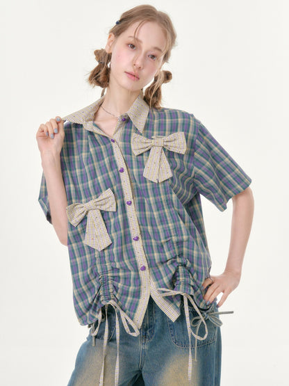 Plaid Bow Drawstring Retro Short-Sleeved Shirt【s0000016351】