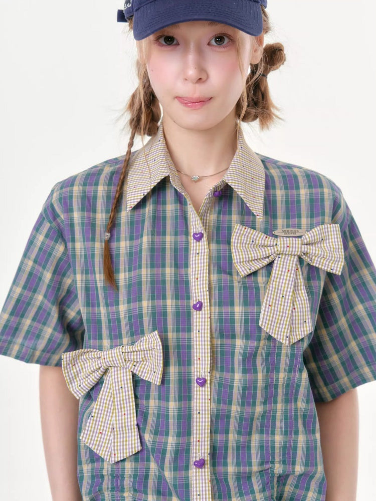 Plaid Bow Drawstring Retro Short-Sleeved Shirt【s0000016351】