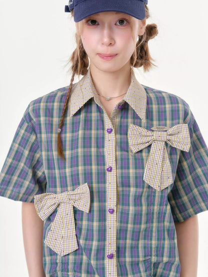 Plaid Bow Drawstring Retro Short-Sleeved Shirt【s0000016351】