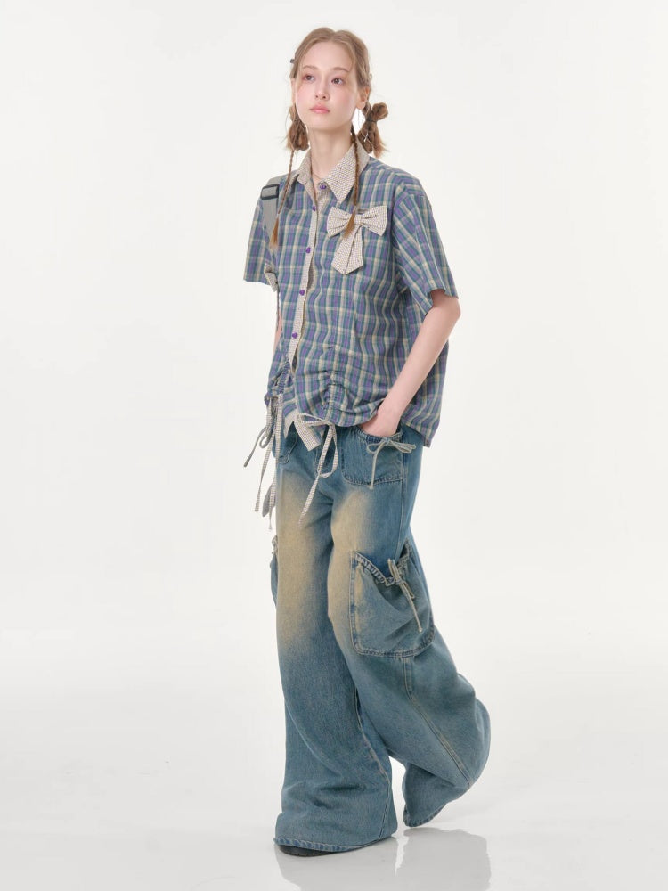 Plaid Bow Drawstring Retro Short-Sleeved Shirt【s0000016351】