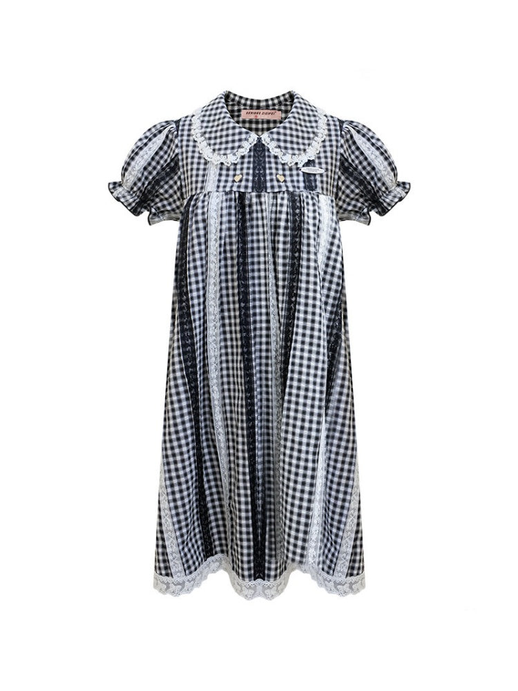 Vintage Doll Collar Plaid Lace Spliced Puff Sleeve Dress【s0000016353】