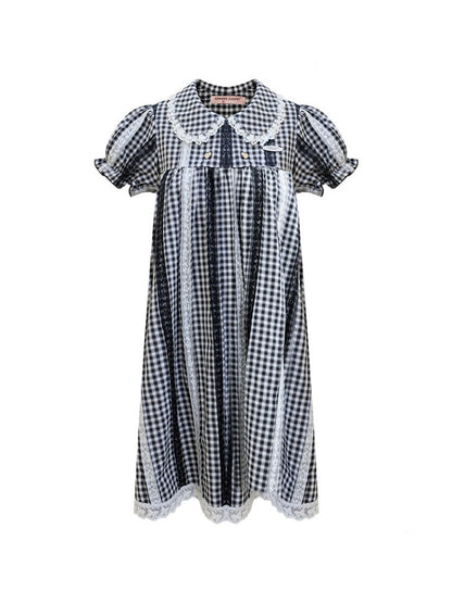 Vintage Doll Collar Plaid Lace Spliced Puff Sleeve Dress【s0000016353】