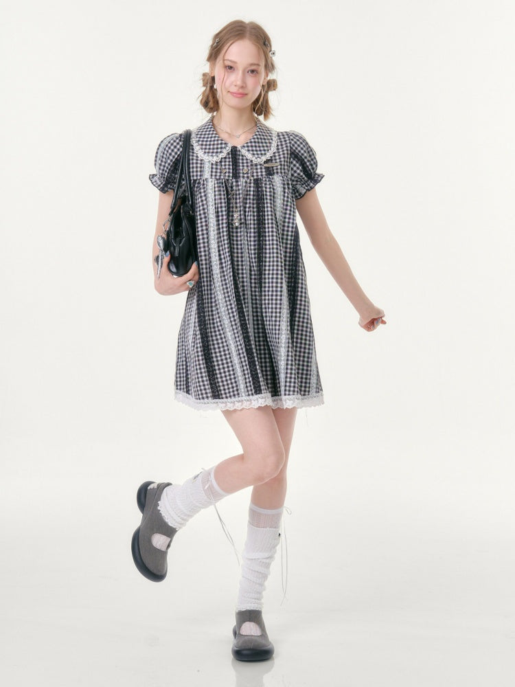 Vintage Doll Collar Plaid Lace Spliced Puff Sleeve Dress【s0000016353】