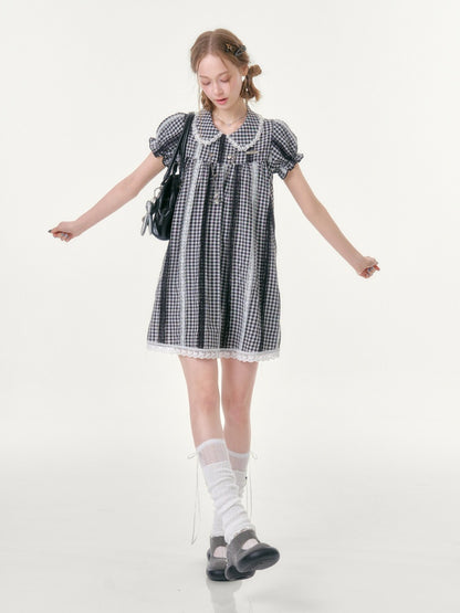 Vintage Doll Collar Plaid Lace Spliced Puff Sleeve Dress【s0000016353】