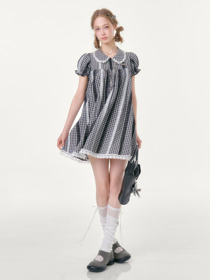 Vintage Doll Collar Plaid Lace Spliced Puff Sleeve Dress【s0000016353】