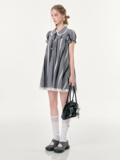 Vintage Doll Collar Plaid Lace Spliced Puff Sleeve Dress【s0000016353】