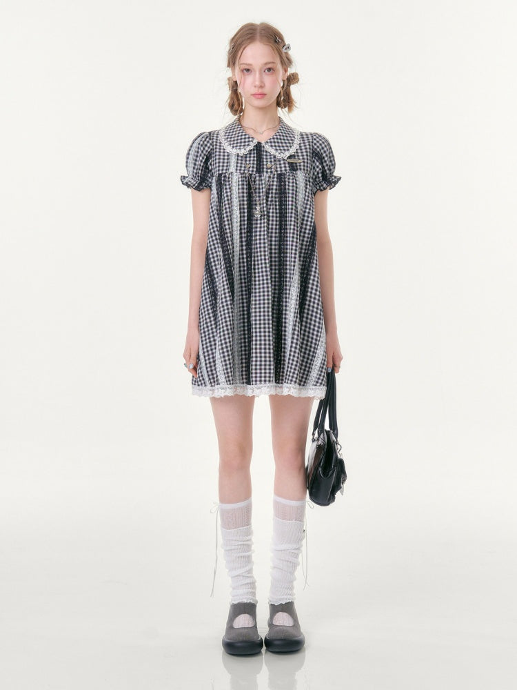 Vintage Doll Collar Plaid Lace Spliced Puff Sleeve Dress【s0000016353】