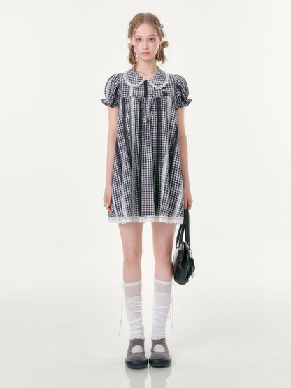 Vintage Doll Collar Plaid Lace Spliced Puff Sleeve Dress【s0000016353】