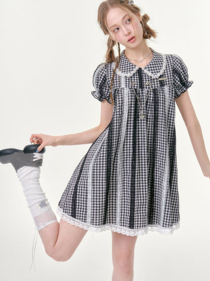 Vintage Doll Collar Plaid Lace Spliced Puff Sleeve Dress【s0000016353】