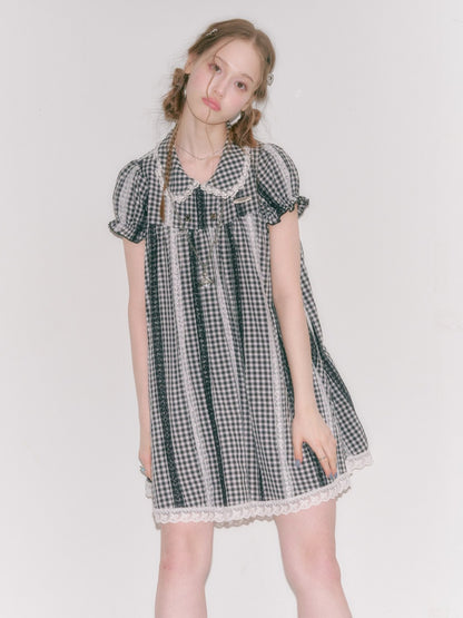 Vintage Doll Collar Plaid Lace Spliced Puff Sleeve Dress【s0000016353】