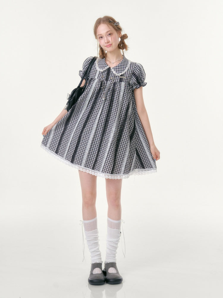 Vintage Doll Collar Plaid Lace Spliced Puff Sleeve Dress【s0000016353】