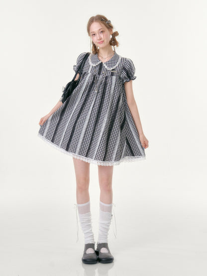 Vintage Doll Collar Plaid Lace Spliced Puff Sleeve Dress【s0000016353】
