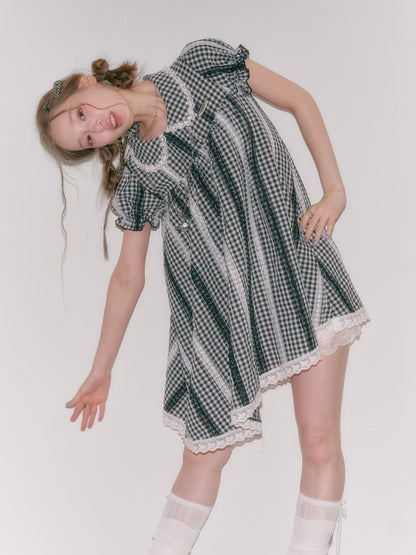 Vintage Doll Collar Plaid Lace Spliced Puff Sleeve Dress【s0000016353】