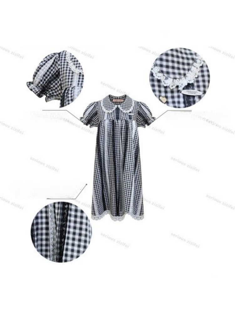 Vintage Doll Collar Plaid Lace Spliced Puff Sleeve Dress【s0000016353】