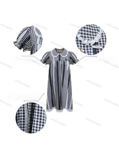 Vintage Doll Collar Plaid Lace Spliced Puff Sleeve Dress【s0000016353】