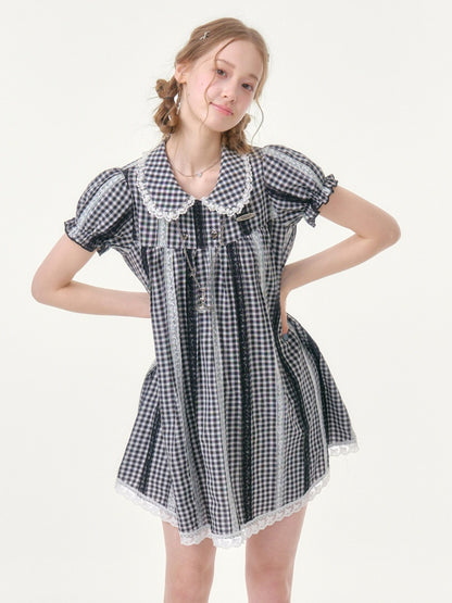 Vintage Doll Collar Plaid Lace Spliced Puff Sleeve Dress【s0000016353】