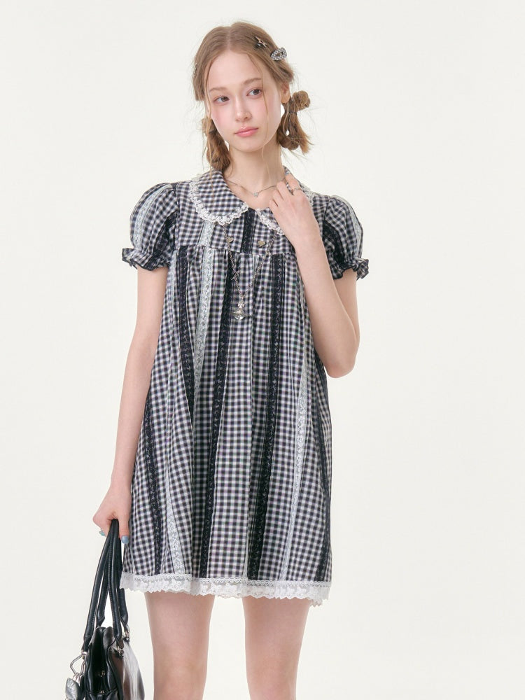 Vintage Doll Collar Plaid Lace Spliced Puff Sleeve Dress【s0000016353】