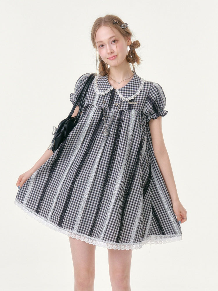 Vintage Doll Collar Plaid Lace Spliced Puff Sleeve Dress【s0000016353】