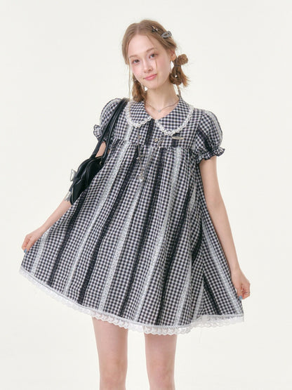 Vintage Doll Collar Plaid Lace Spliced Puff Sleeve Dress【s0000016353】